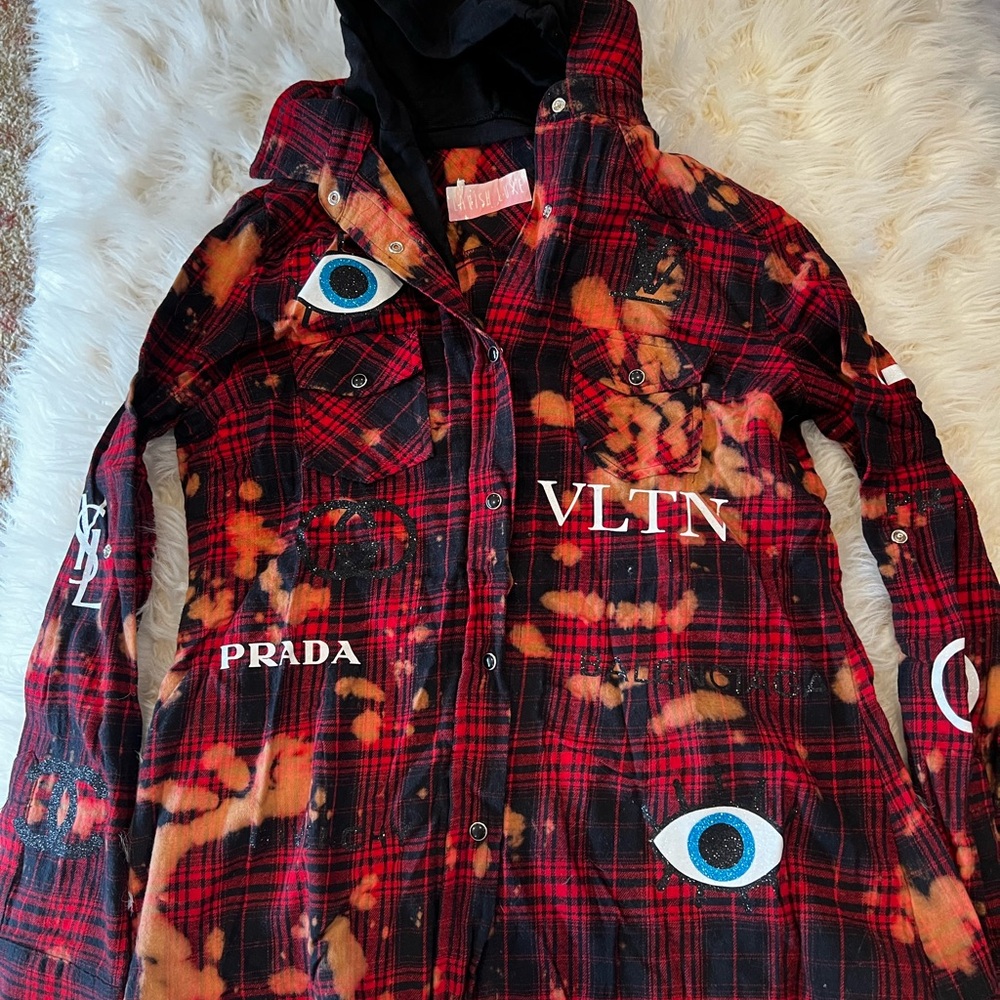 Stunning Red and Black Plaid Jacket with Eye Graphics
